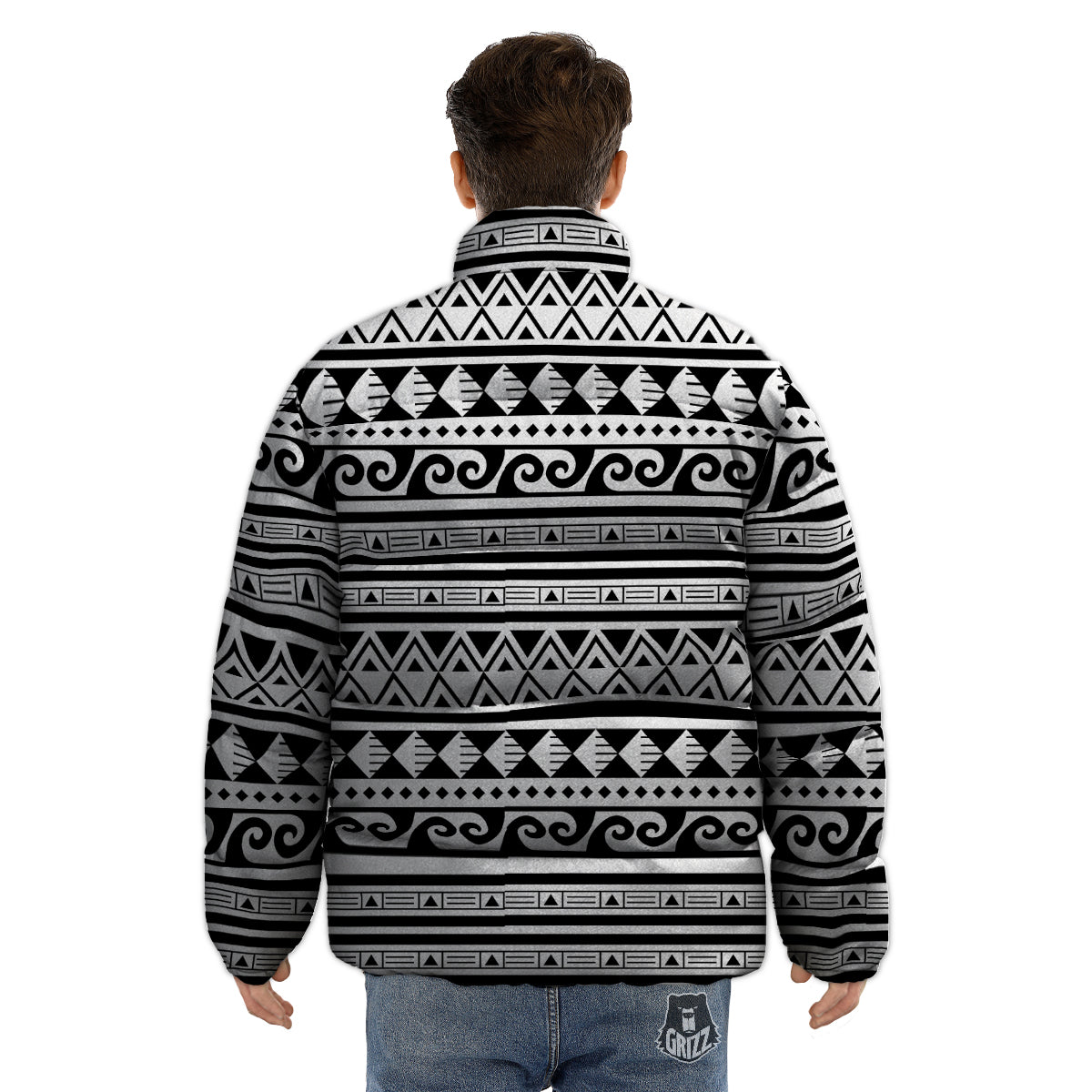 Aztec White And Black Print Pattern Puffer Jacket-grizzshop