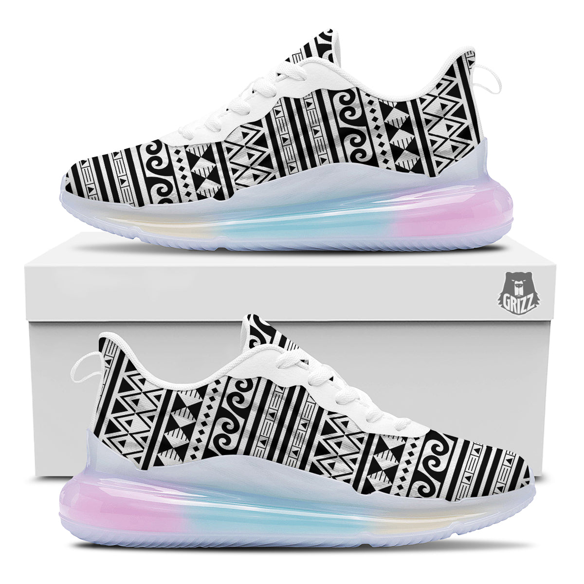 Aztec White And Black Print Pattern Running Sneakers-grizzshop