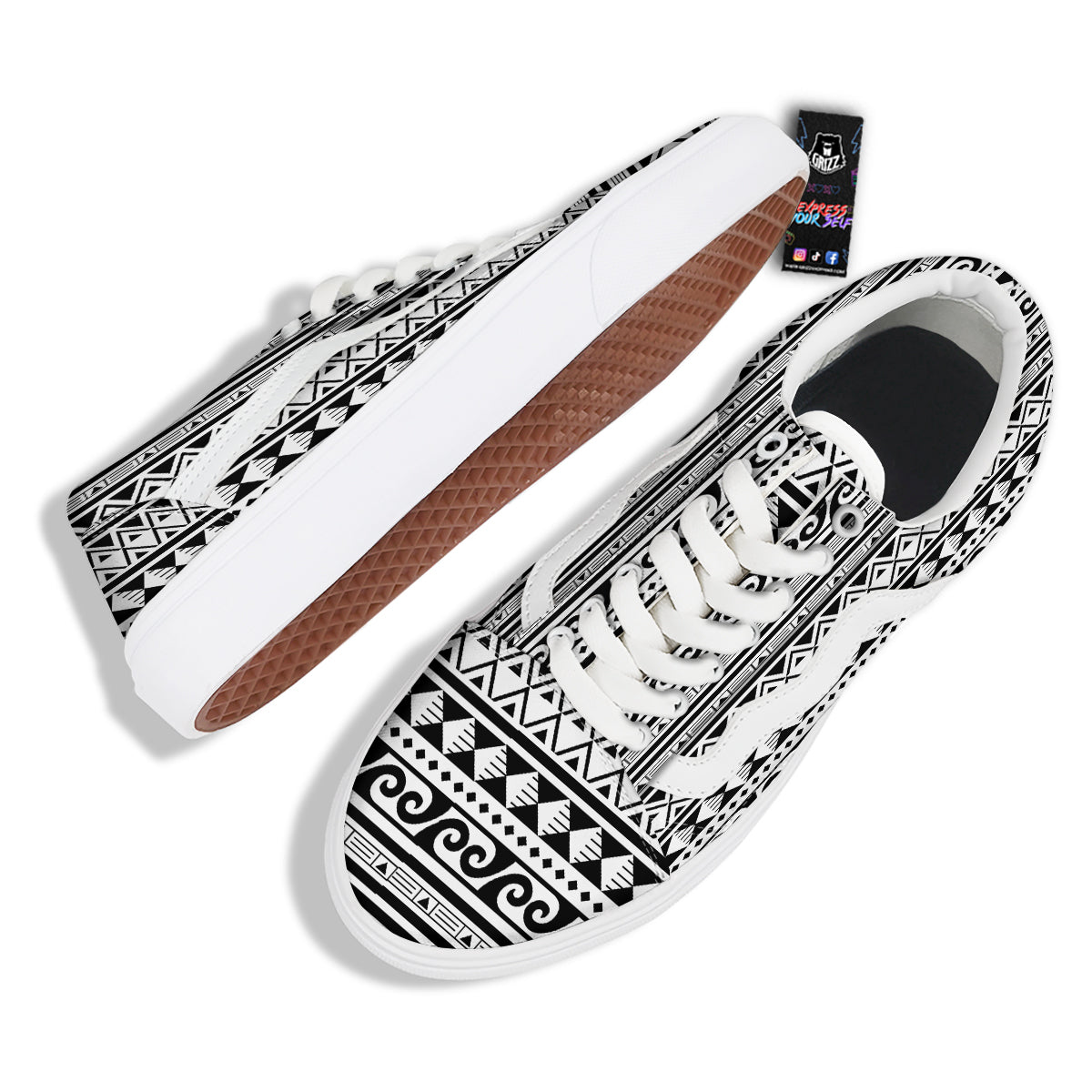 Aztec White And Black Print Pattern Skate Shoes-grizzshop