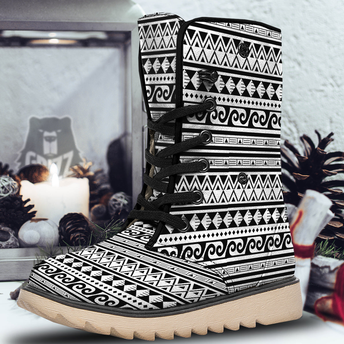 Aztec White And Black Print Pattern Snow Boots-grizzshop
