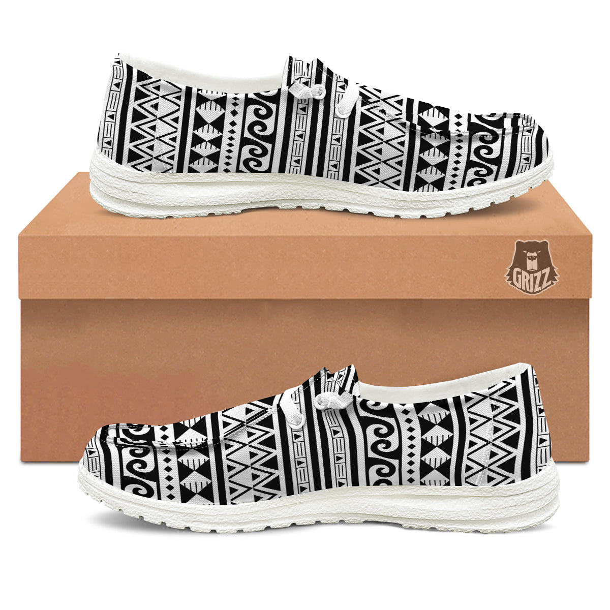 Aztec White And Black Print Pattern White Loafers-grizzshop