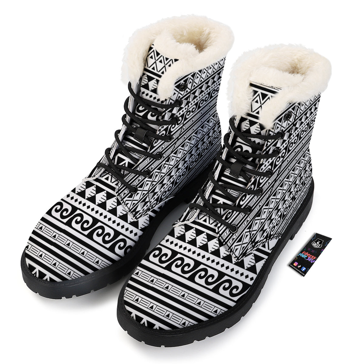 Aztec White And Black Print Pattern Winter Boots-grizzshop