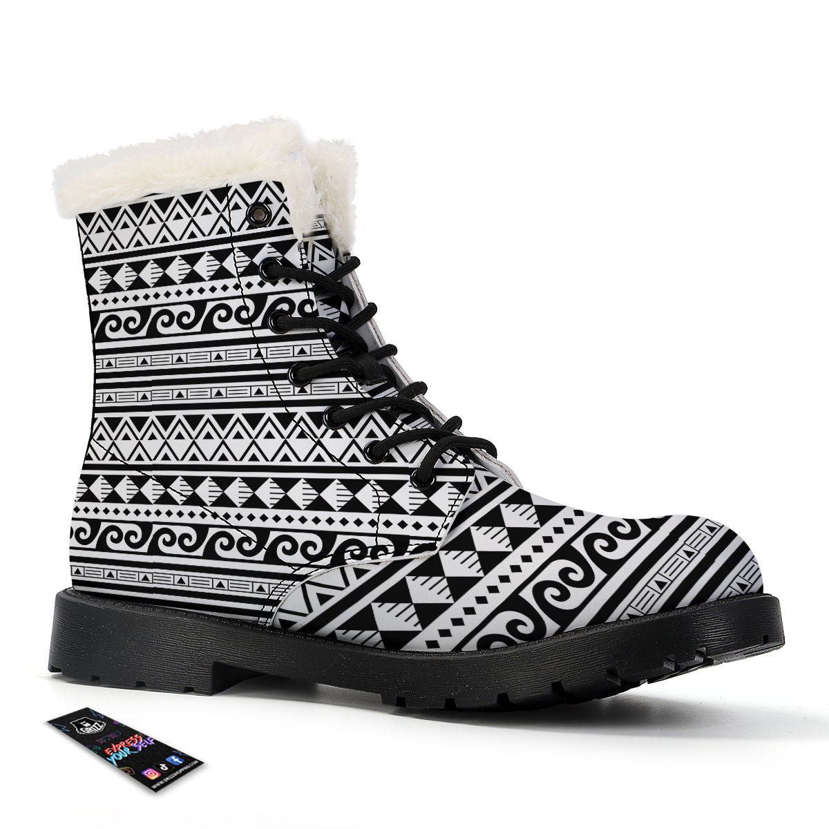 Aztec White And Black Print Pattern Winter Boots-grizzshop
