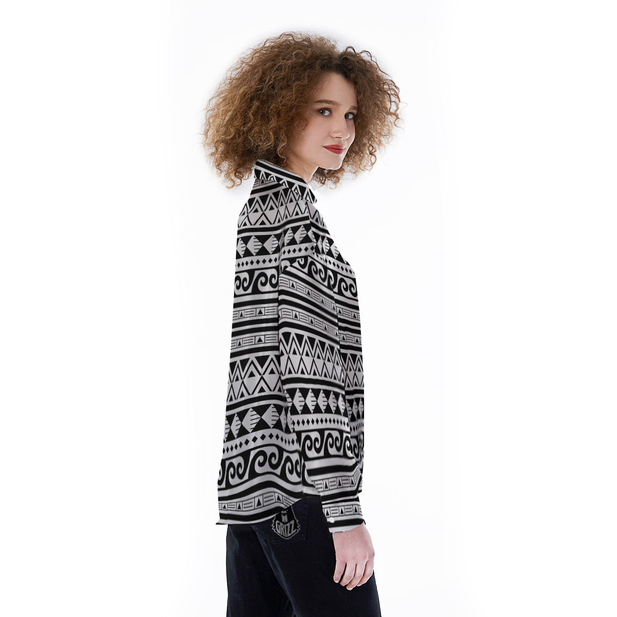 Aztec White And Black Print Pattern Women's Long Sleeve Shirts-grizzshop