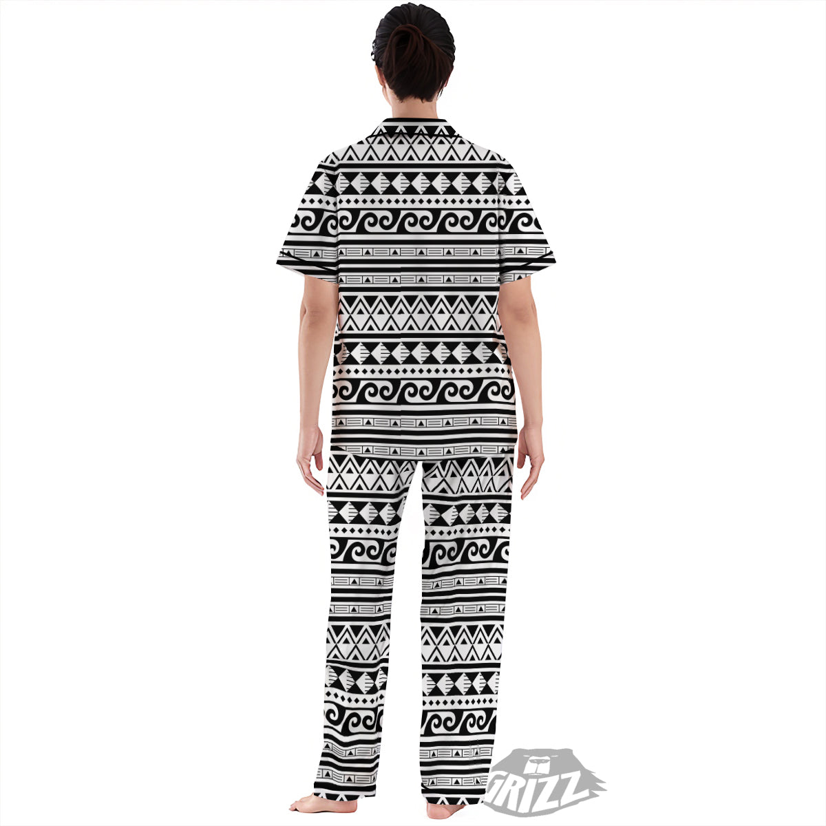 Aztec White And Black Print Pattern Women's Pajamas Set-grizzshop