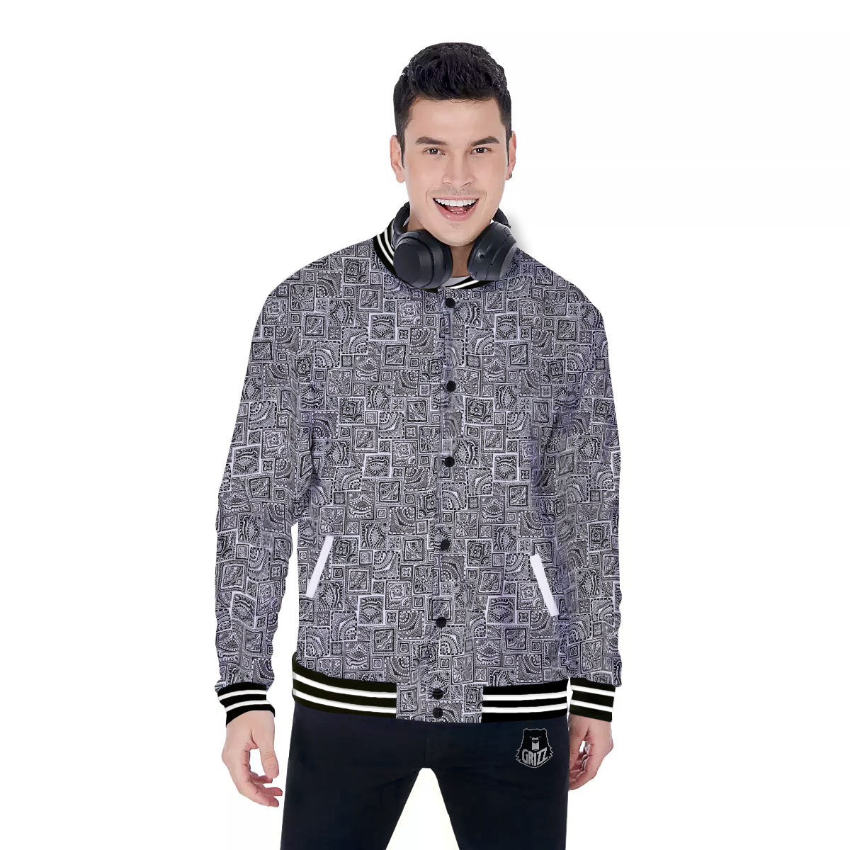 Aztec White And Grey Print Pattern Baseball Jacket-grizzshop