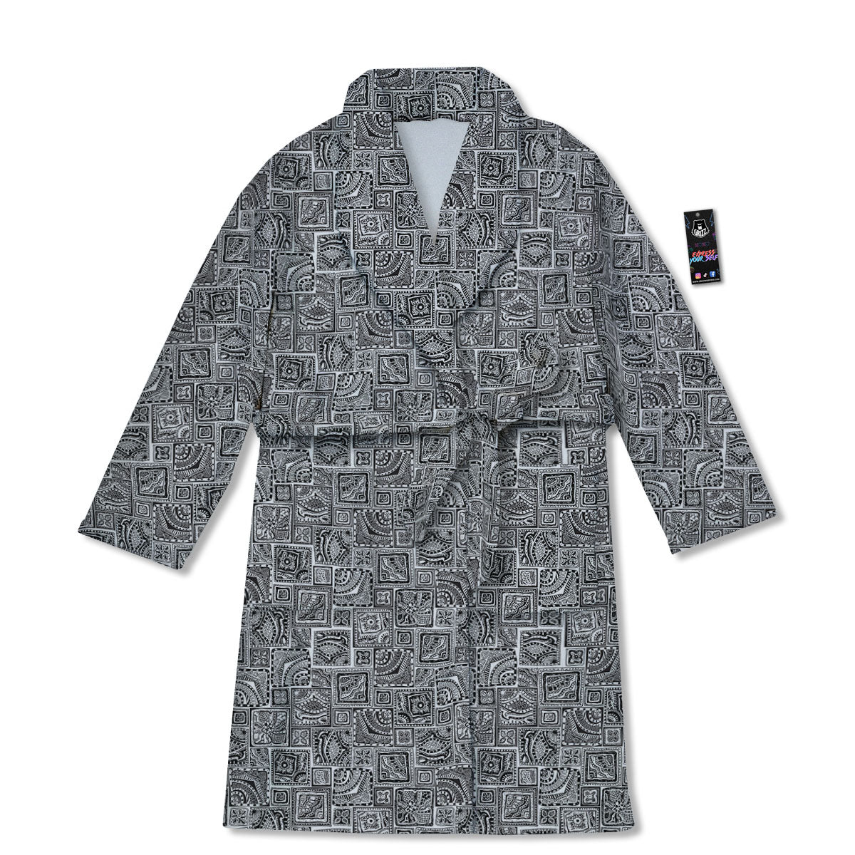 Aztec White And Grey Print Pattern Bathrobe-grizzshop