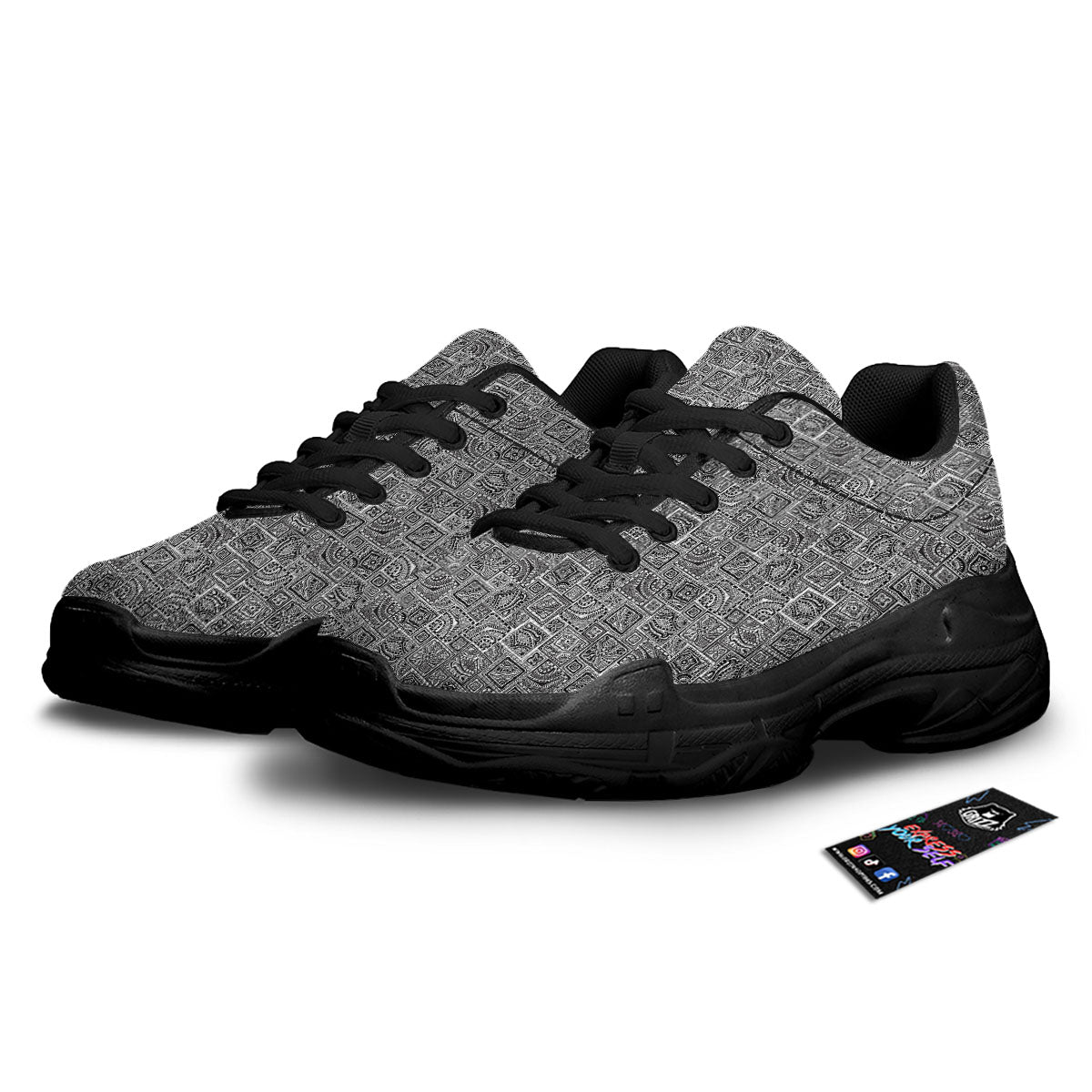 Aztec White And Grey Print Pattern Black Chunky Shoes-grizzshop