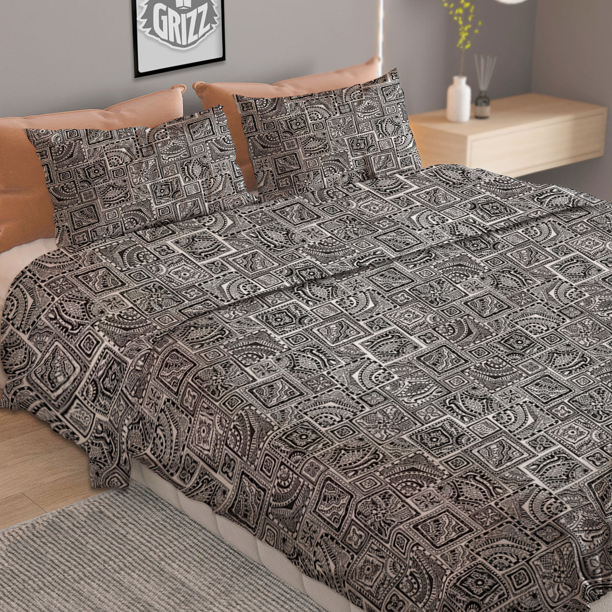 Aztec White And Grey Print Pattern Duvet Cover Bedding Set