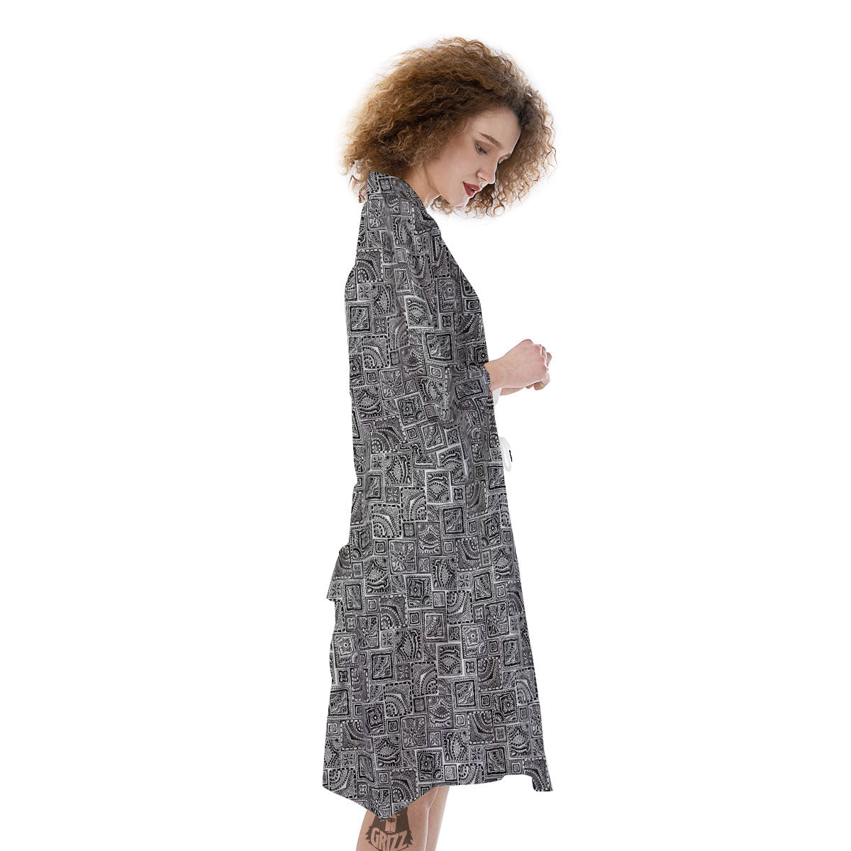 Aztec White And Grey Print Pattern Kimono-grizzshop