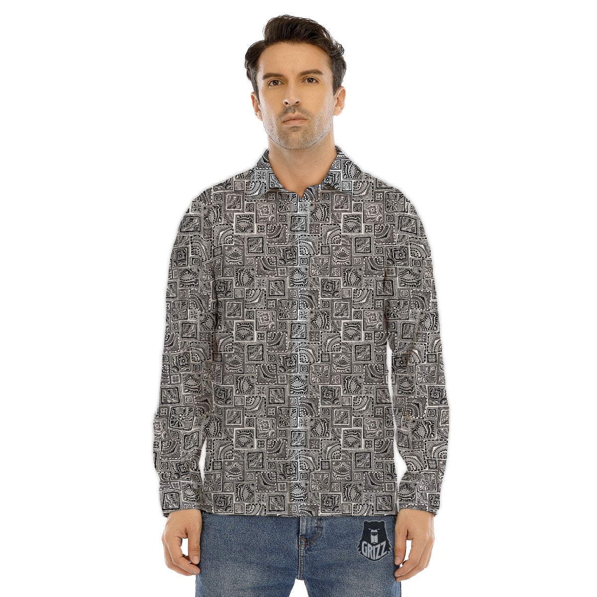 Aztec White And Grey Print Pattern Men's Dress Shirts-grizzshop