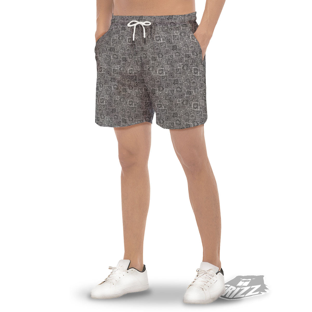 Aztec White And Grey Print Pattern Men's Gym Shorts-grizzshop