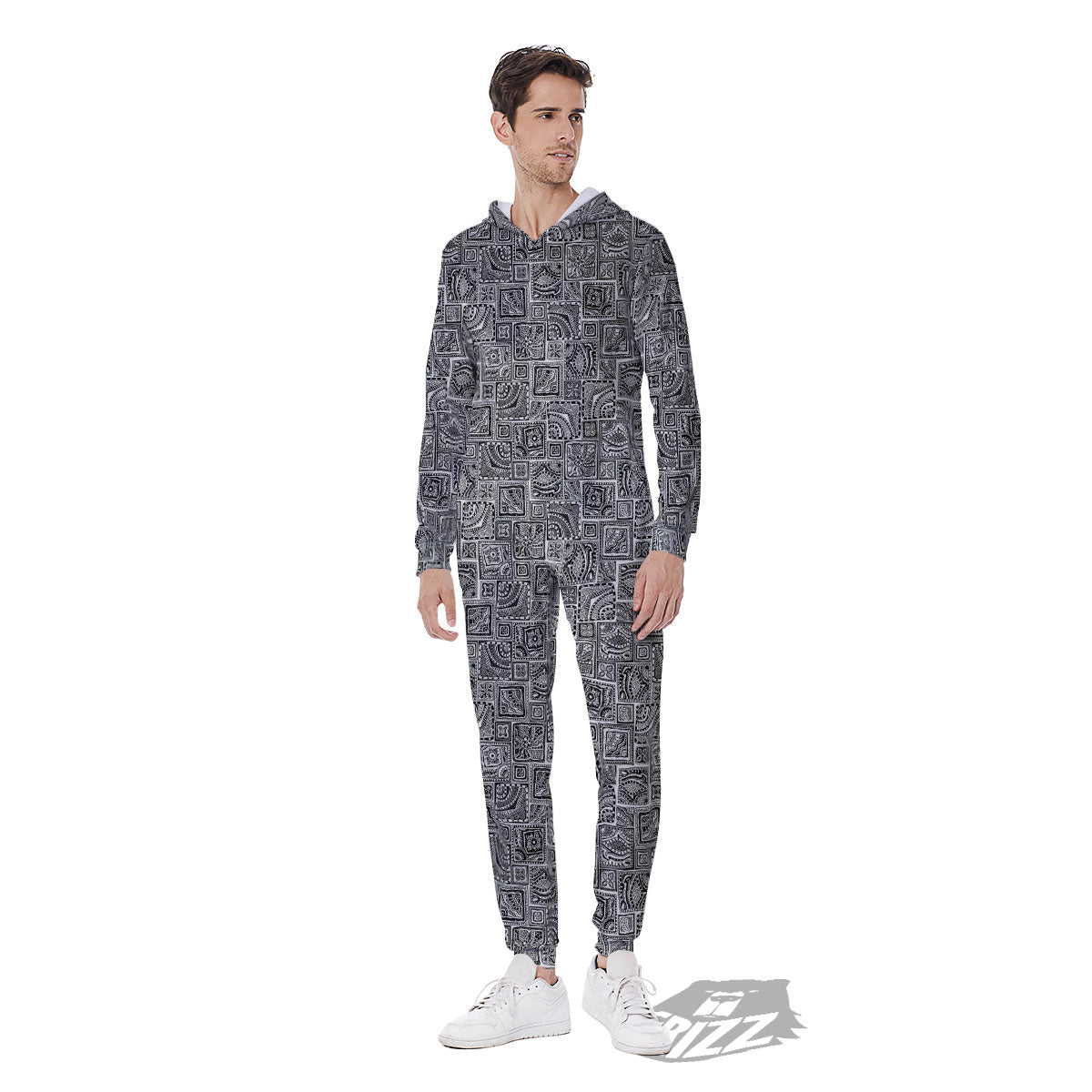 Aztec White And Grey Print Pattern Men's Jumpsuit-grizzshop