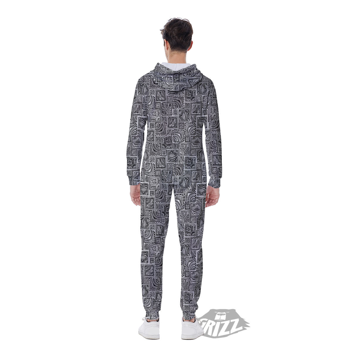 Aztec White And Grey Print Pattern Men's Jumpsuit-grizzshop