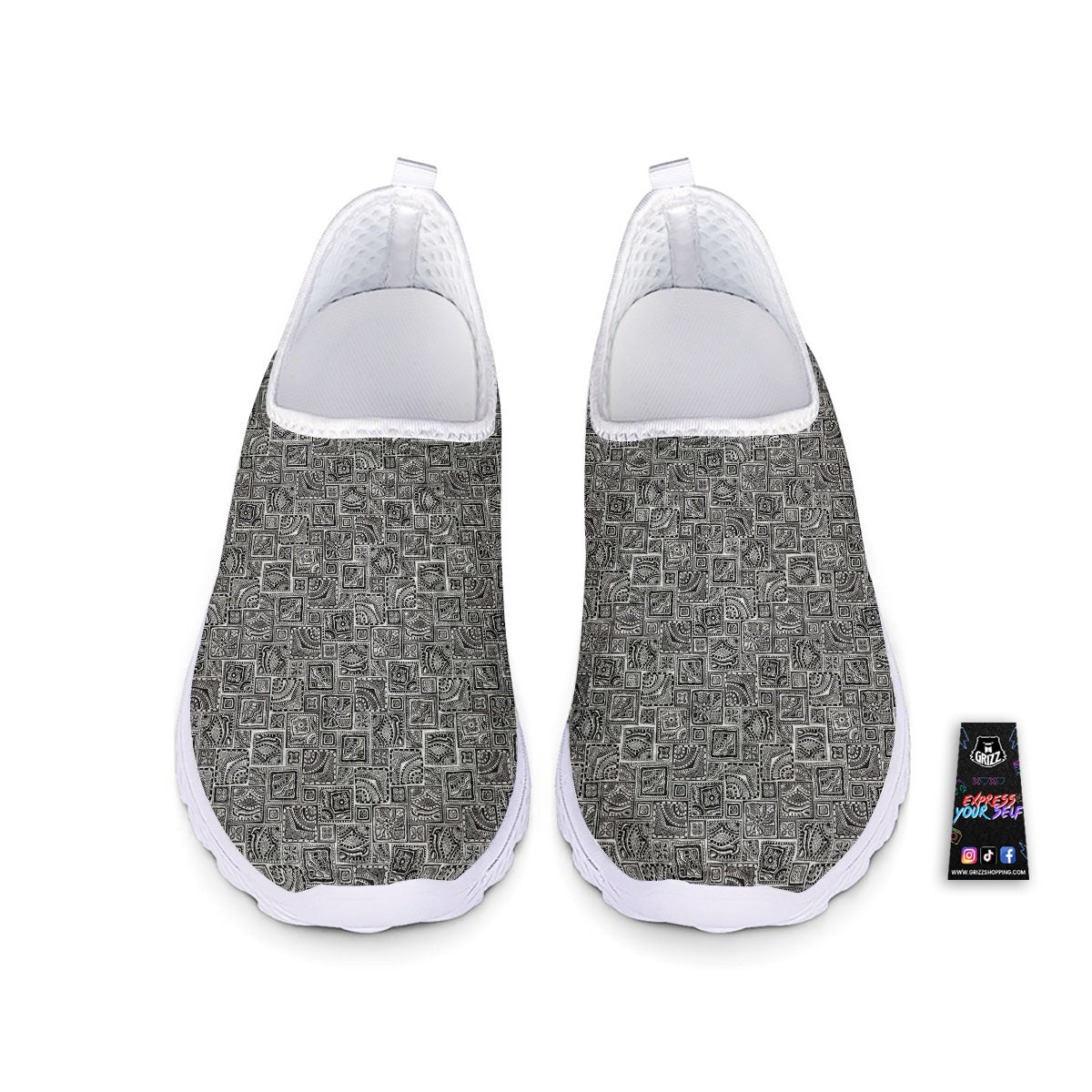 Aztec White And Grey Print Pattern Nurse Shoes-grizzshop