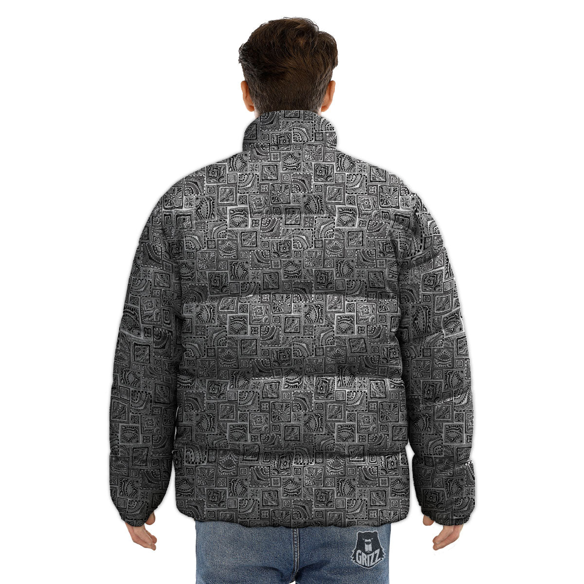Aztec White And Grey Print Pattern Puffer Jacket-grizzshop