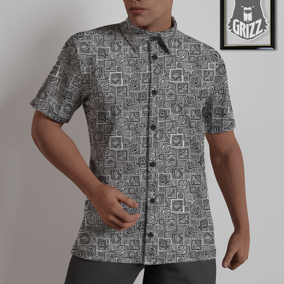 Aztec White And Grey Print Pattern Untucked Shirts-grizzshop
