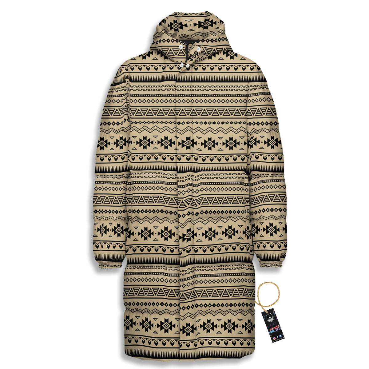 Aztec Beige And Black Print Pattern Long Down Jacket