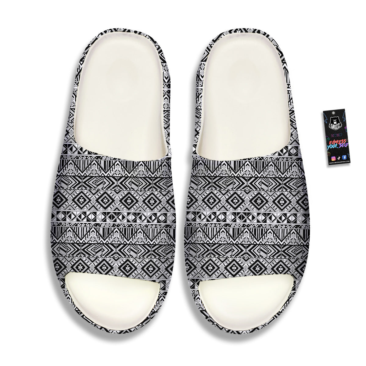Aztec Ethnic White And Black Print Sandals-grizzshop