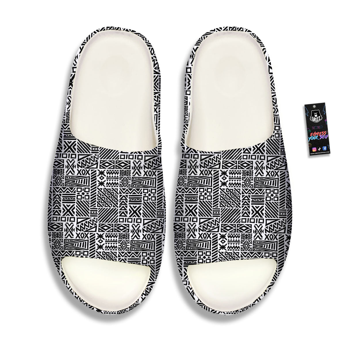 Aztec Geometric White And Black Print Sandals-grizzshop