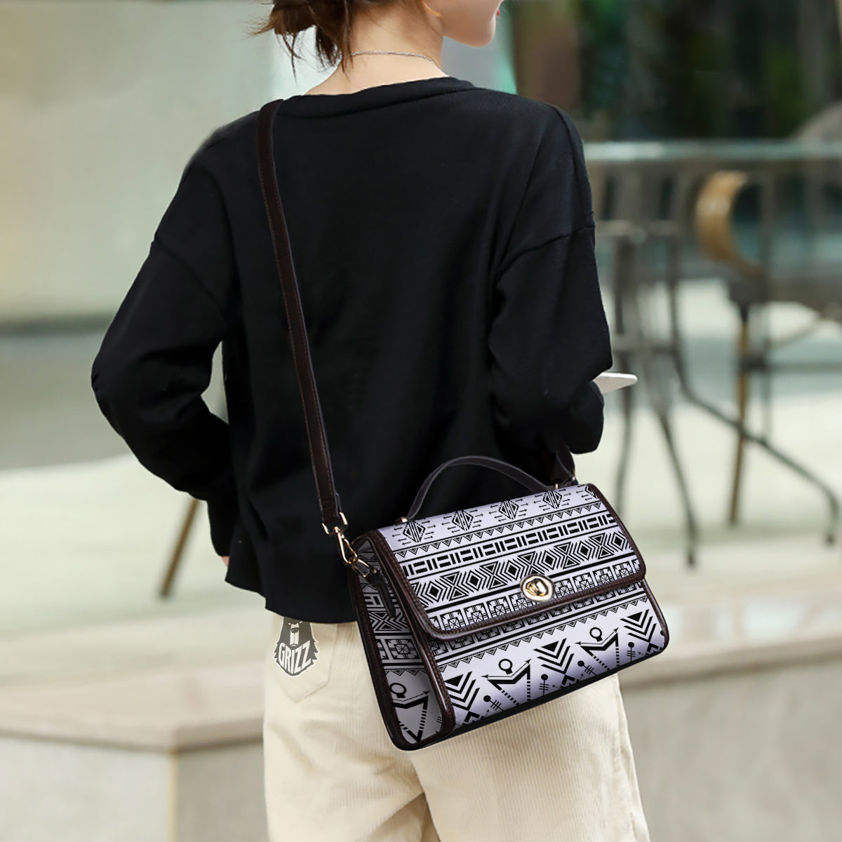 Aztec Grey And White Print Pattern Women's Satchel Bag
