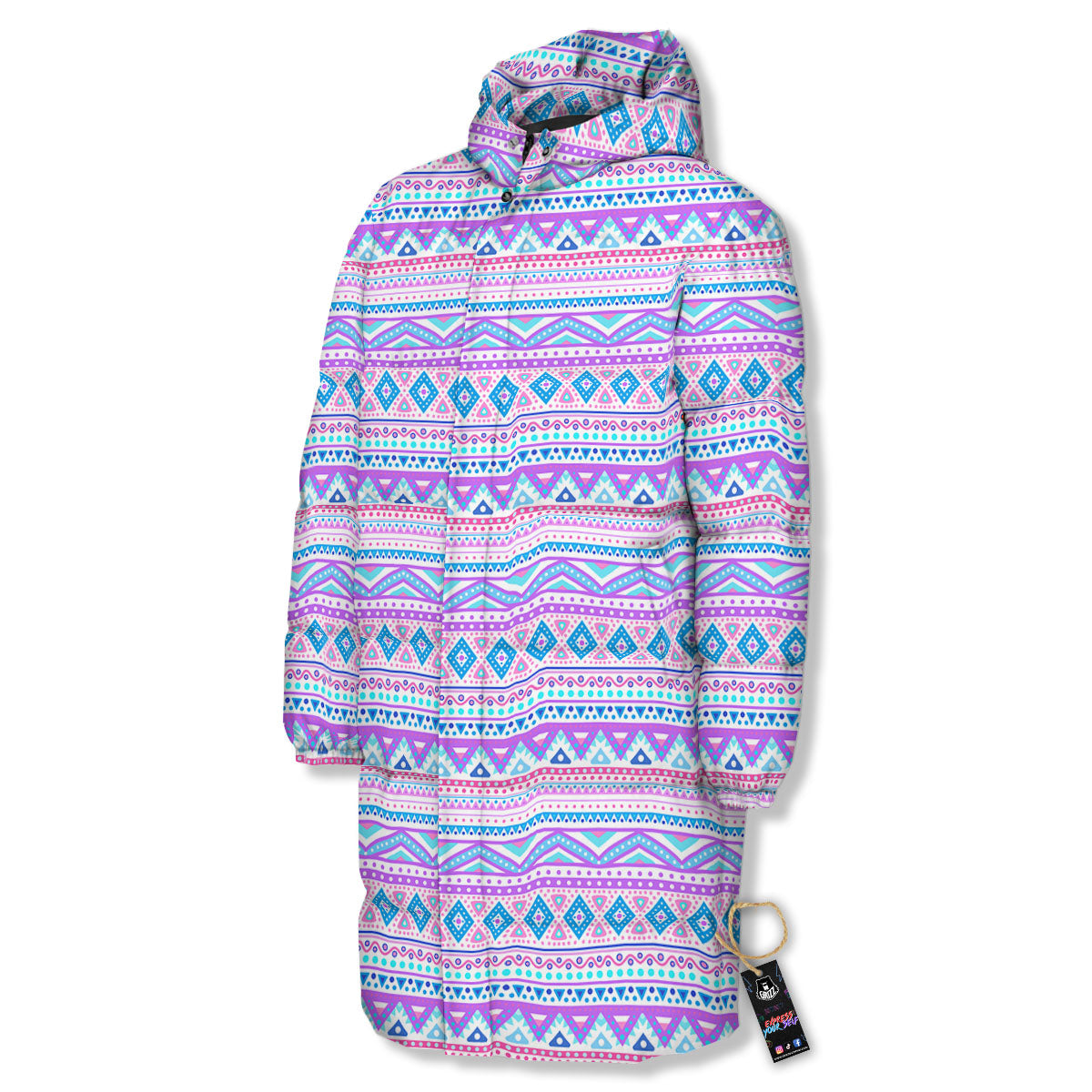 Aztec Pink And Pastel Print Pattern Long Down Jacket