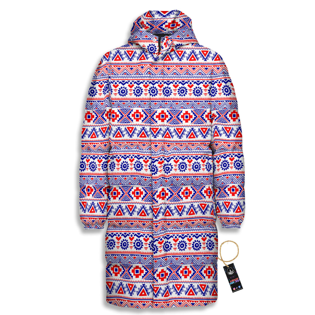 Aztec Red And Blue Print Pattern Long Down Jacket