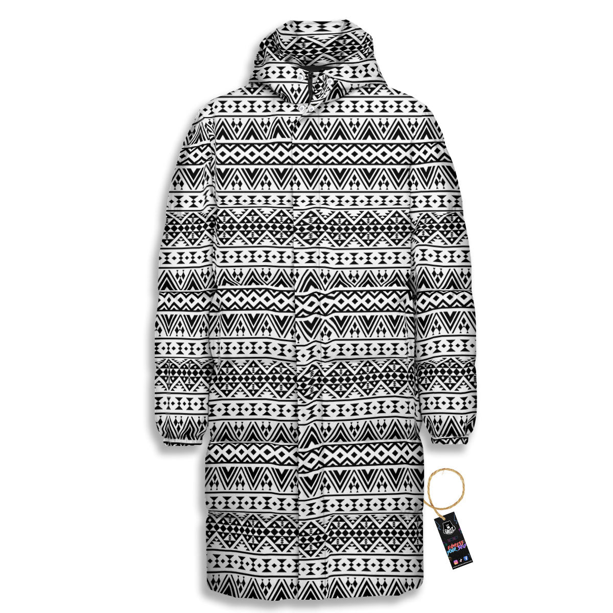 Aztec Texture White And Black Print Pattern Long Down Jacket