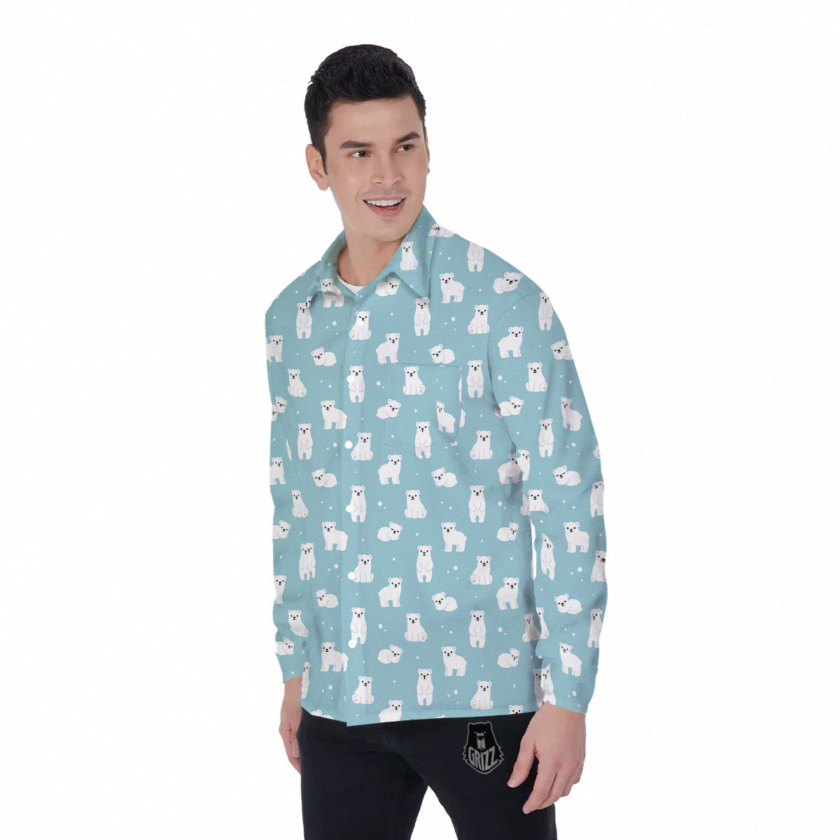 Baby Bear Cartoon Cute Print Pattern Men's Long Sleeve Shirts-grizzshop