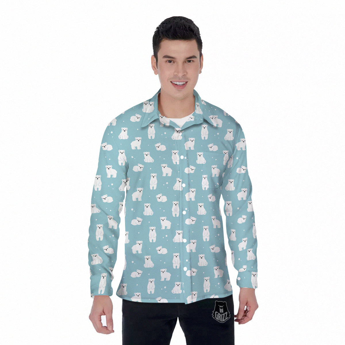 Baby Bear Cartoon Cute Print Pattern Men's Long Sleeve Shirts-grizzshop