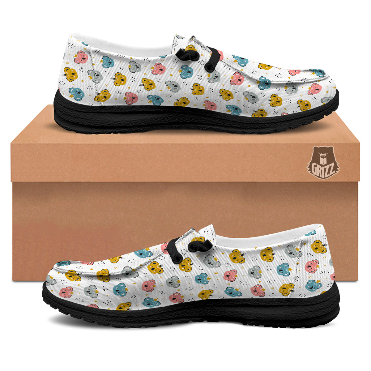 Baby Bear Colorful Cartoon Print Pattern Black Loafers-grizzshop