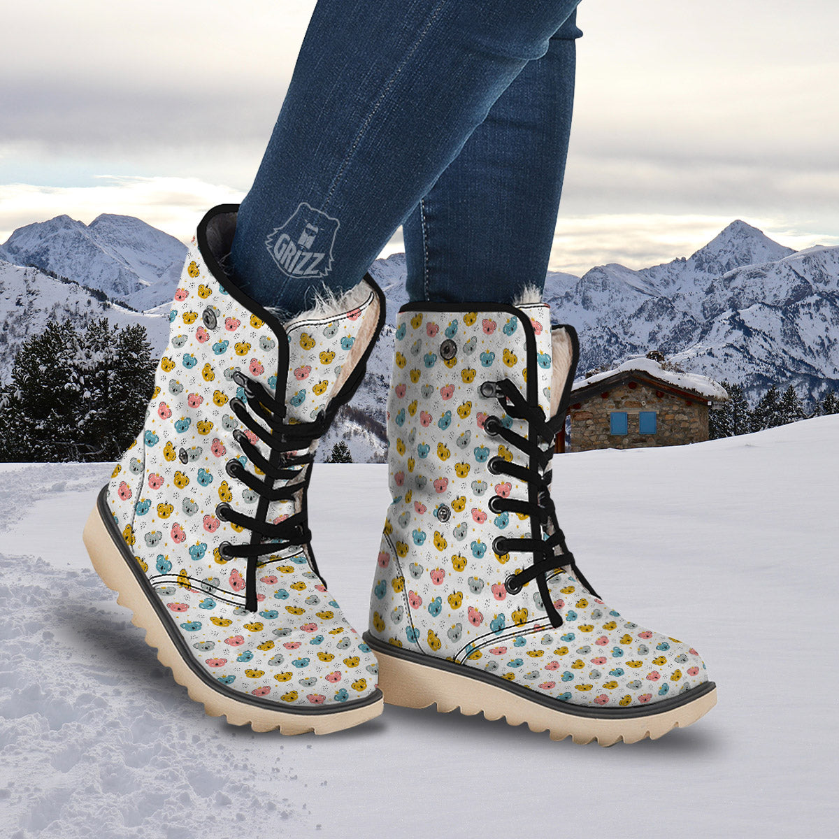 Baby Bear Colorful Cartoon Print Pattern Snow Boots-grizzshop