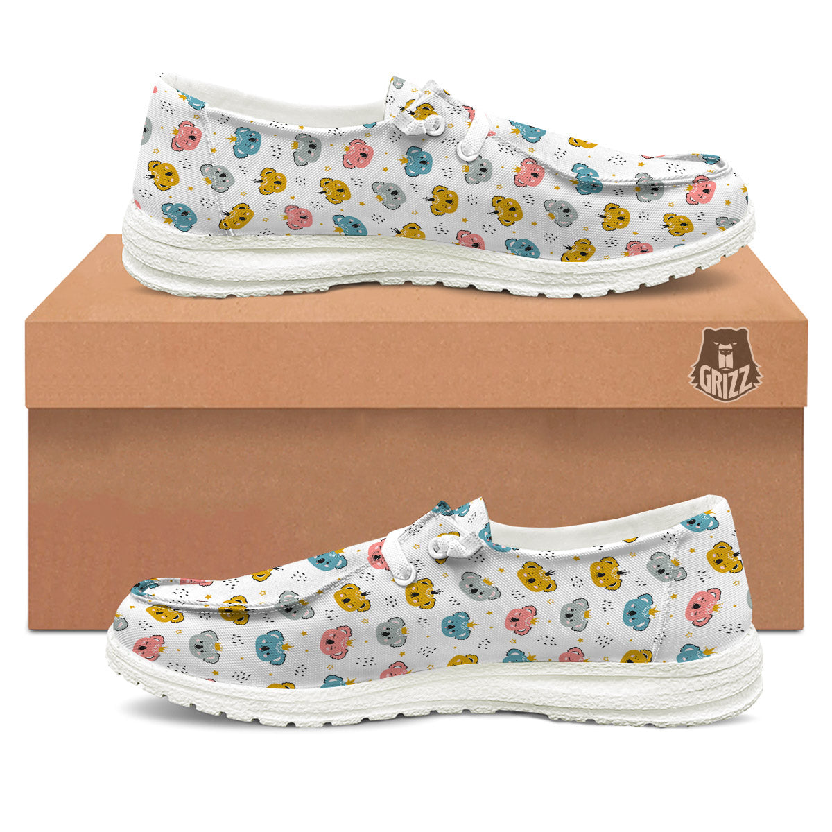 Baby Bear Colorful Cartoon Print Pattern White Loafers-grizzshop