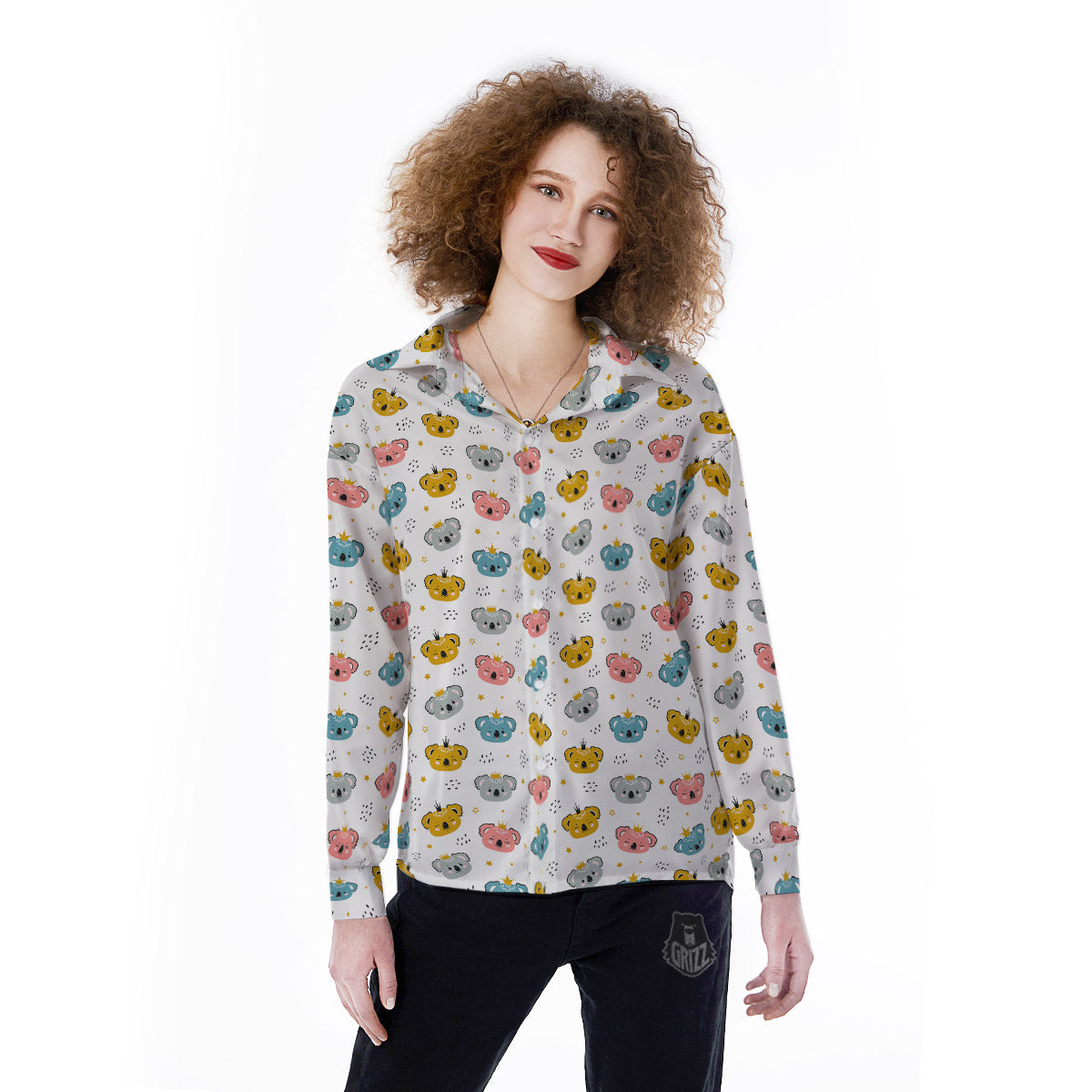 Baby Bear Colorful Cartoon Print Pattern Women's Long Sleeve Shirts-grizzshop
