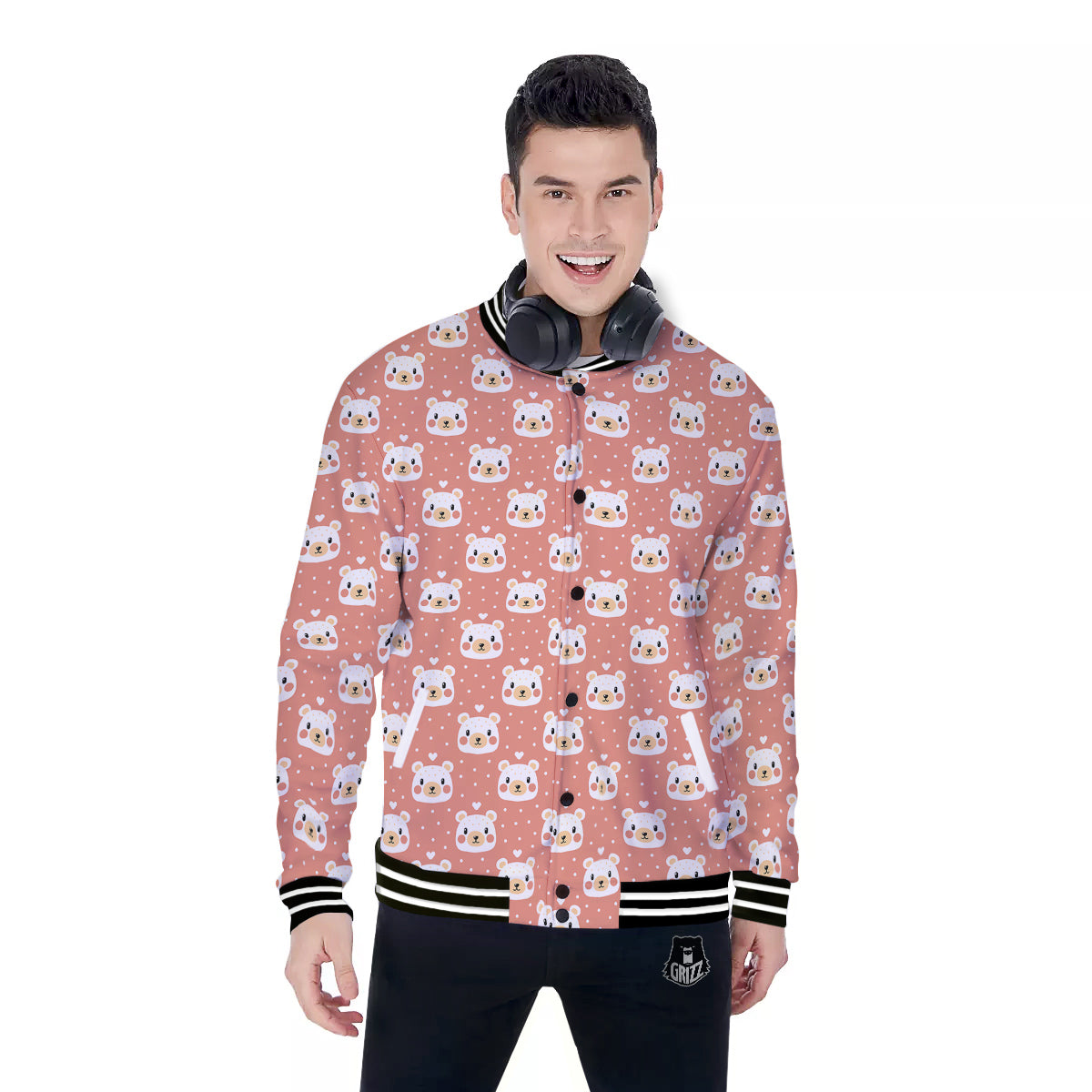 Baby Bear Cute Polka Dot Print Pattern Baseball Jacket-grizzshop
