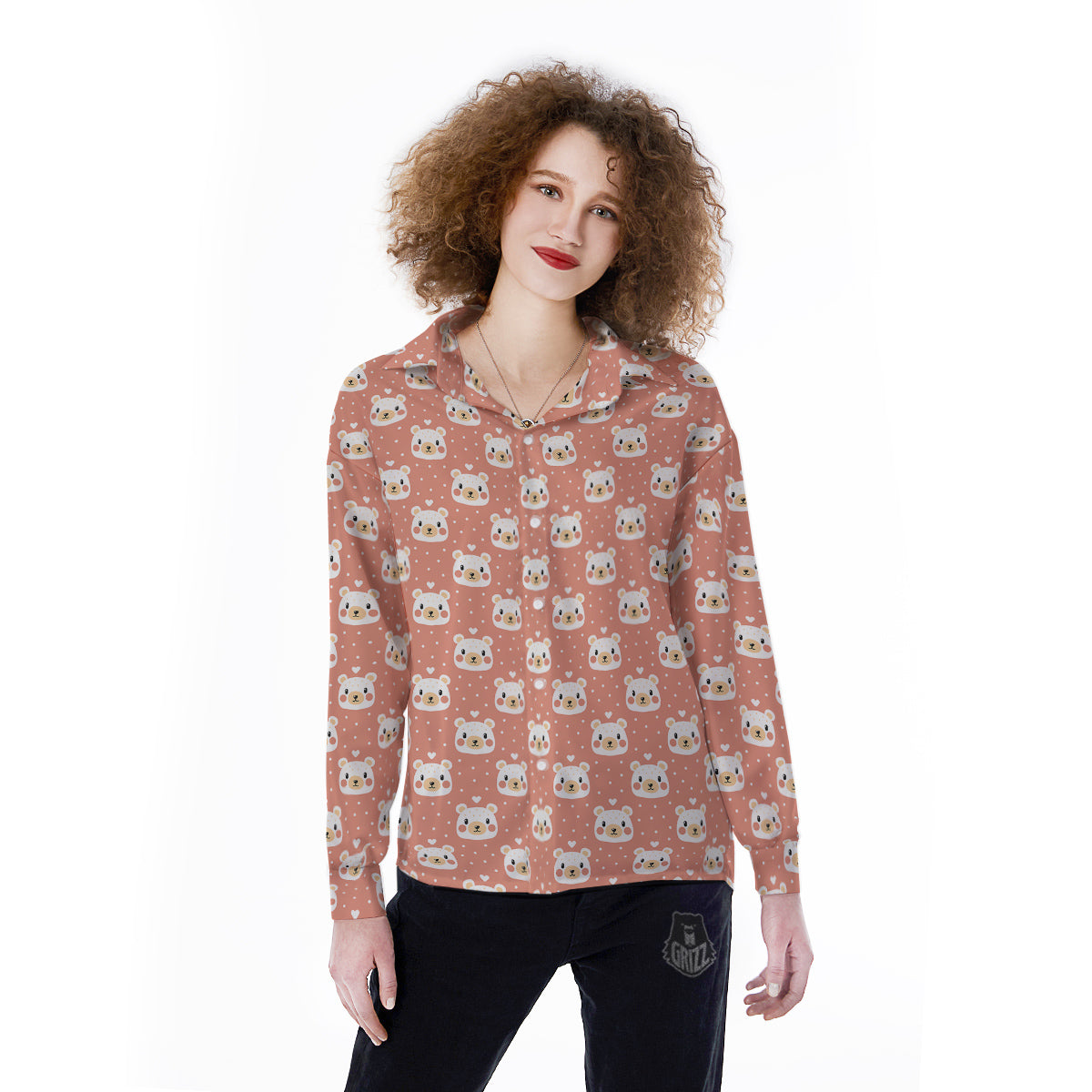 Baby Bear Cute Polka Dot Print Pattern Women's Long Sleeve Shirts-grizzshop