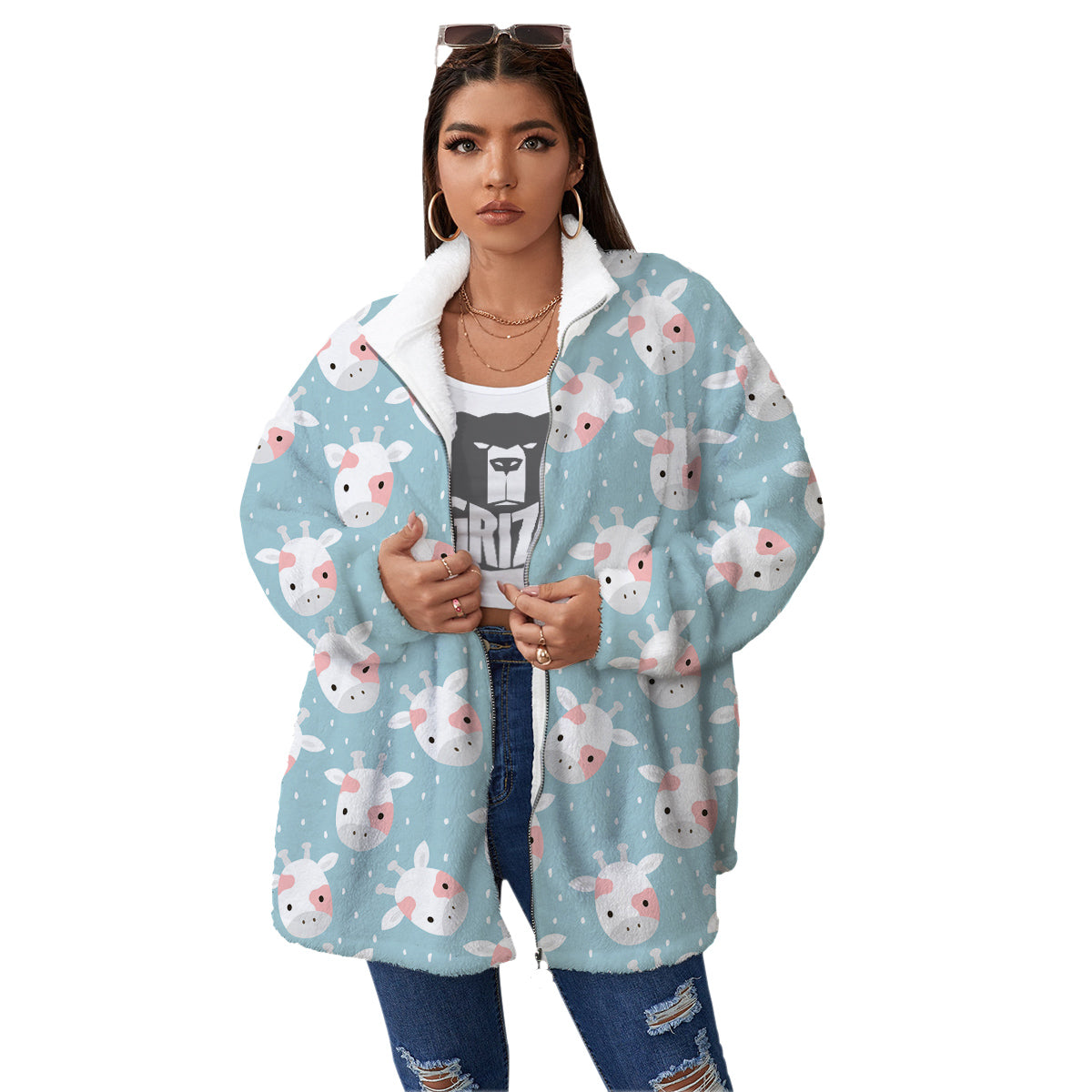 Baby Cow Cartoon Cute Print Pattern Women's Sherpa Jacket-grizzshop