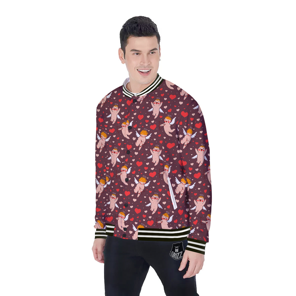 Baby Cupid Print Pattern Baseball Jacket-grizzshop