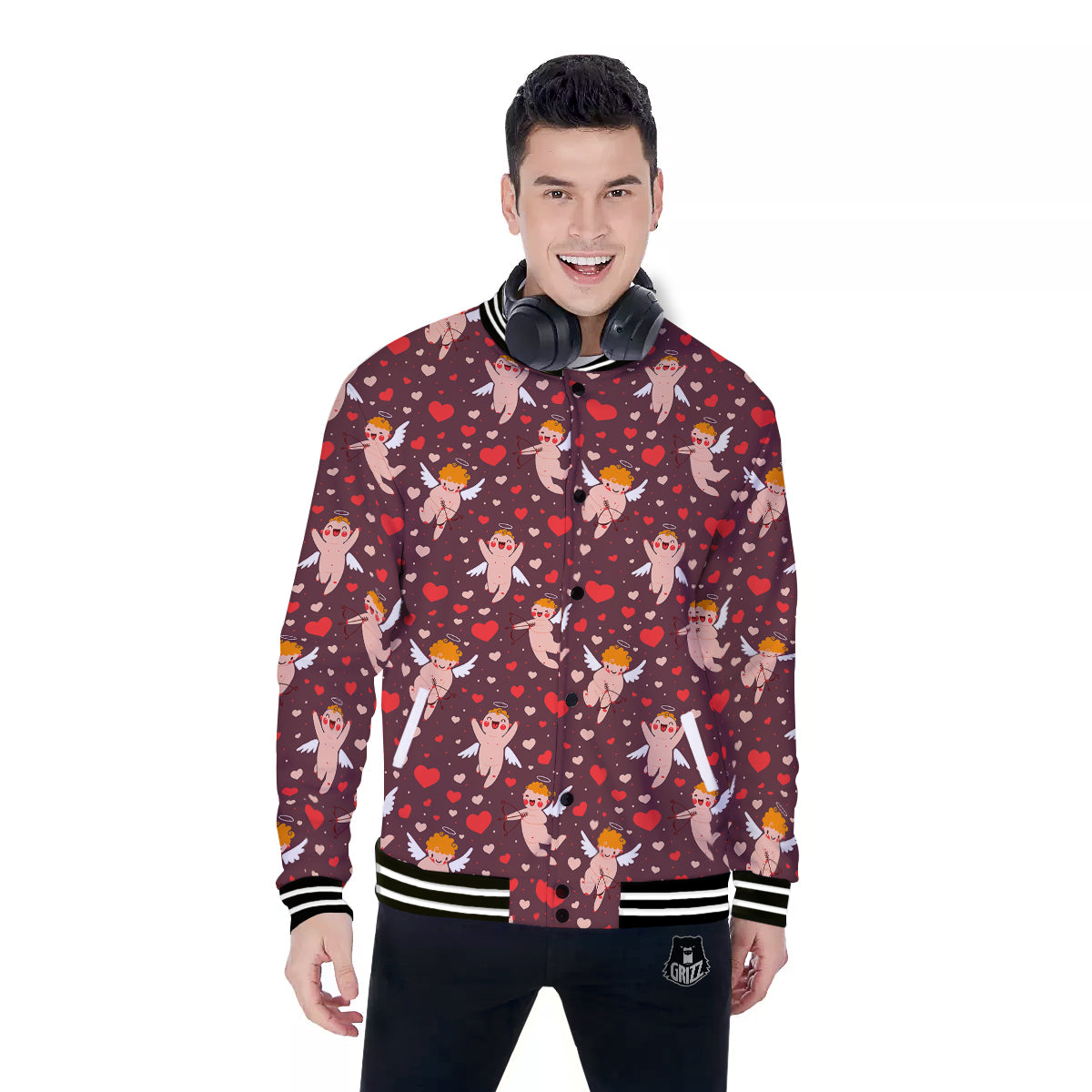 Baby Cupid Print Pattern Baseball Jacket-grizzshop