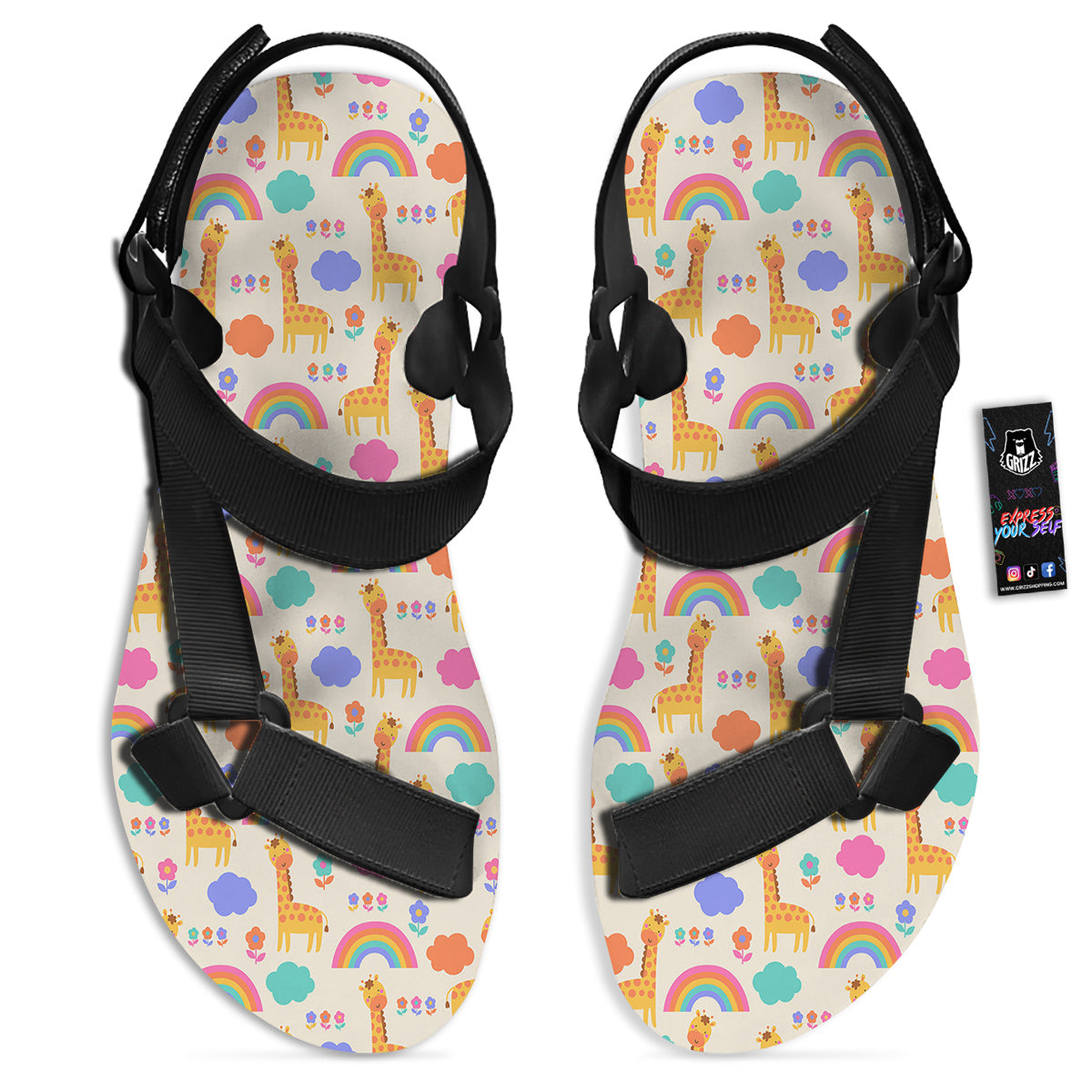 Baby Giraffe Cute Print Pattern Black Open Toe Sandals-grizzshop