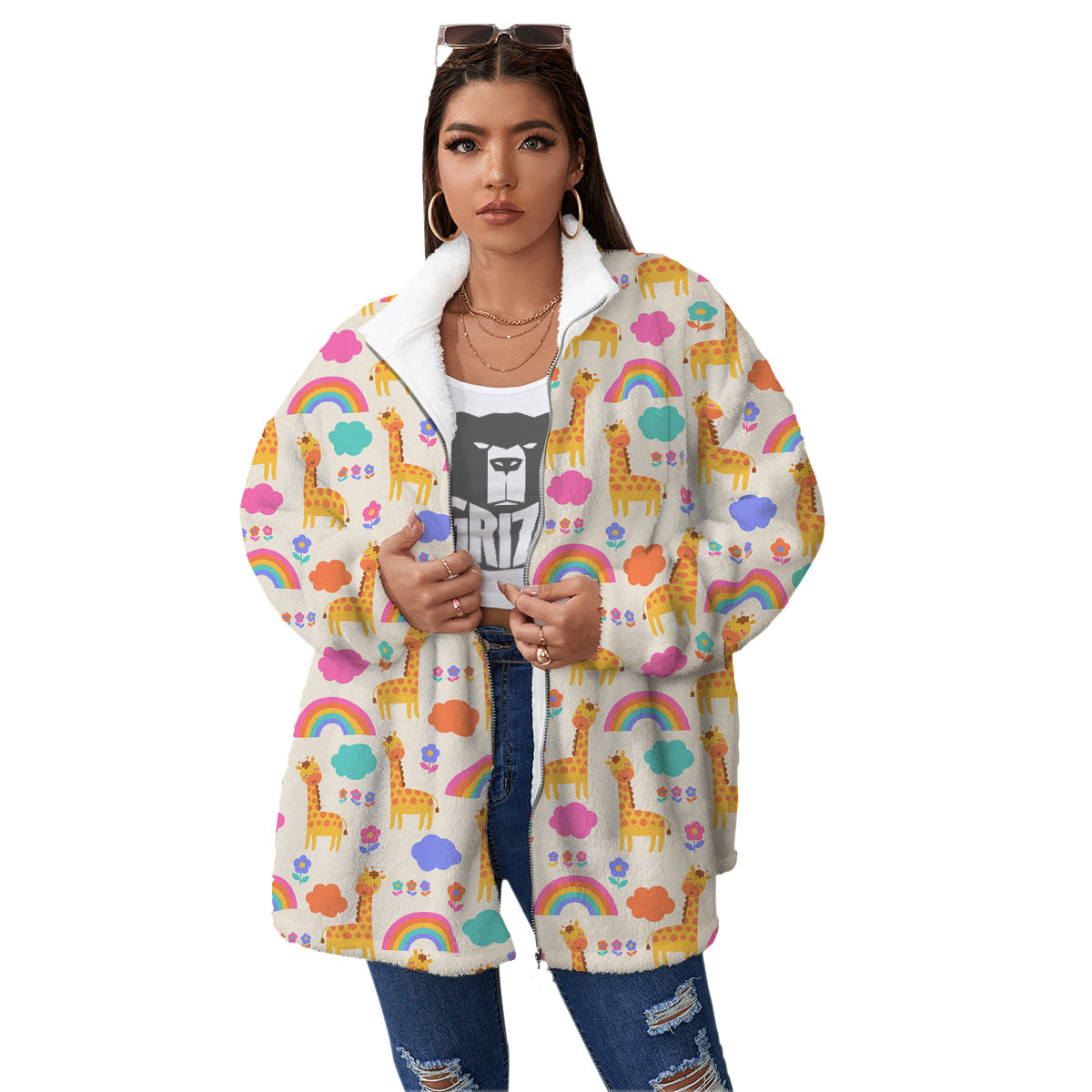 Baby Giraffe Cute Print Pattern Women's Sherpa Jacket-grizzshop