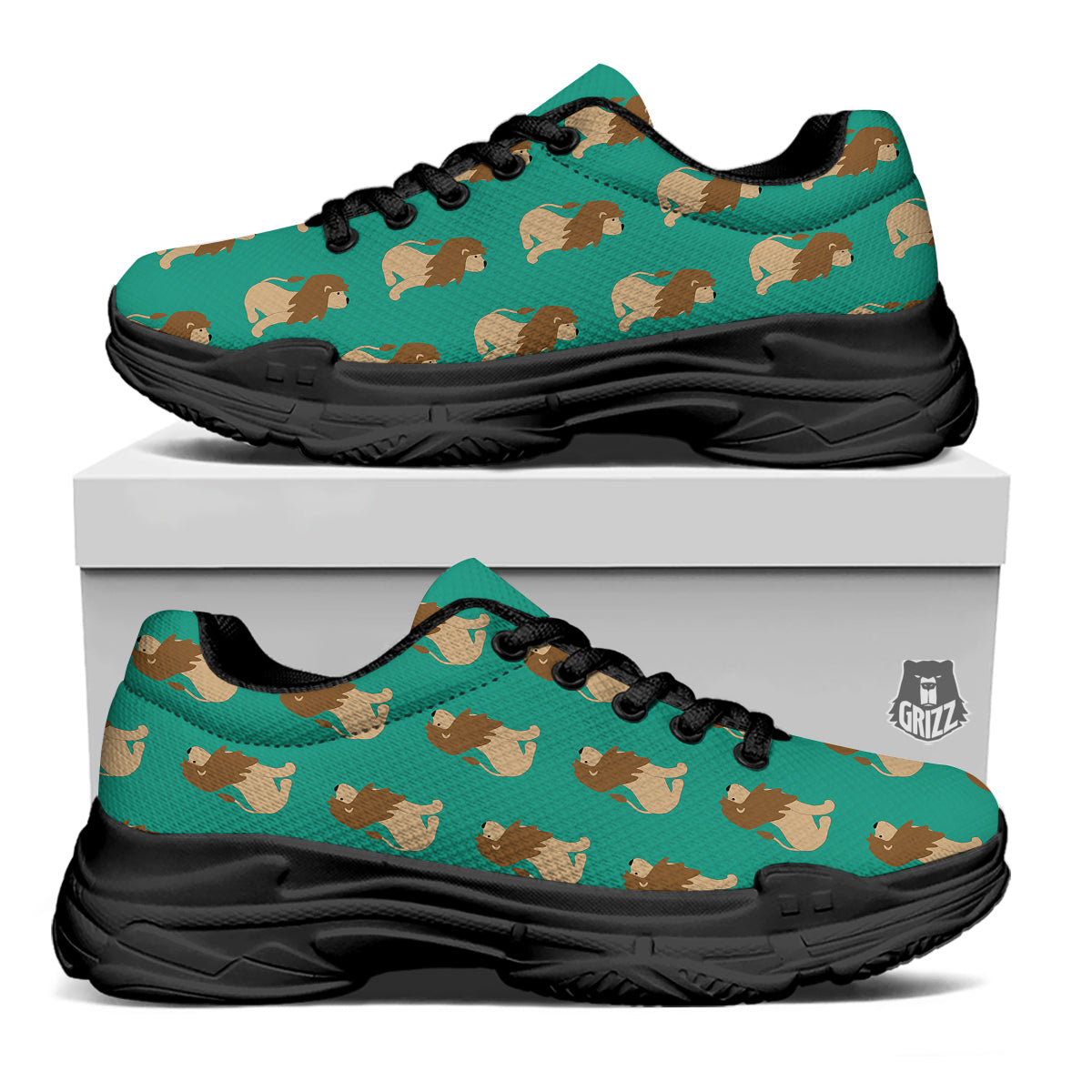 Baby Lion Print Pattern Black Chunky Shoes-grizzshop