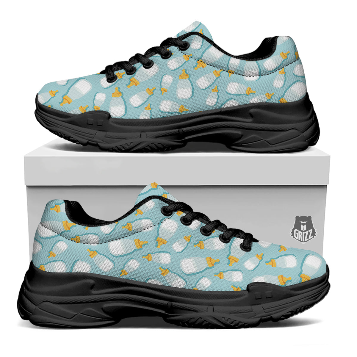 Baby Mike And Bottles Print Pattern Black Chunky Shoes-grizzshop