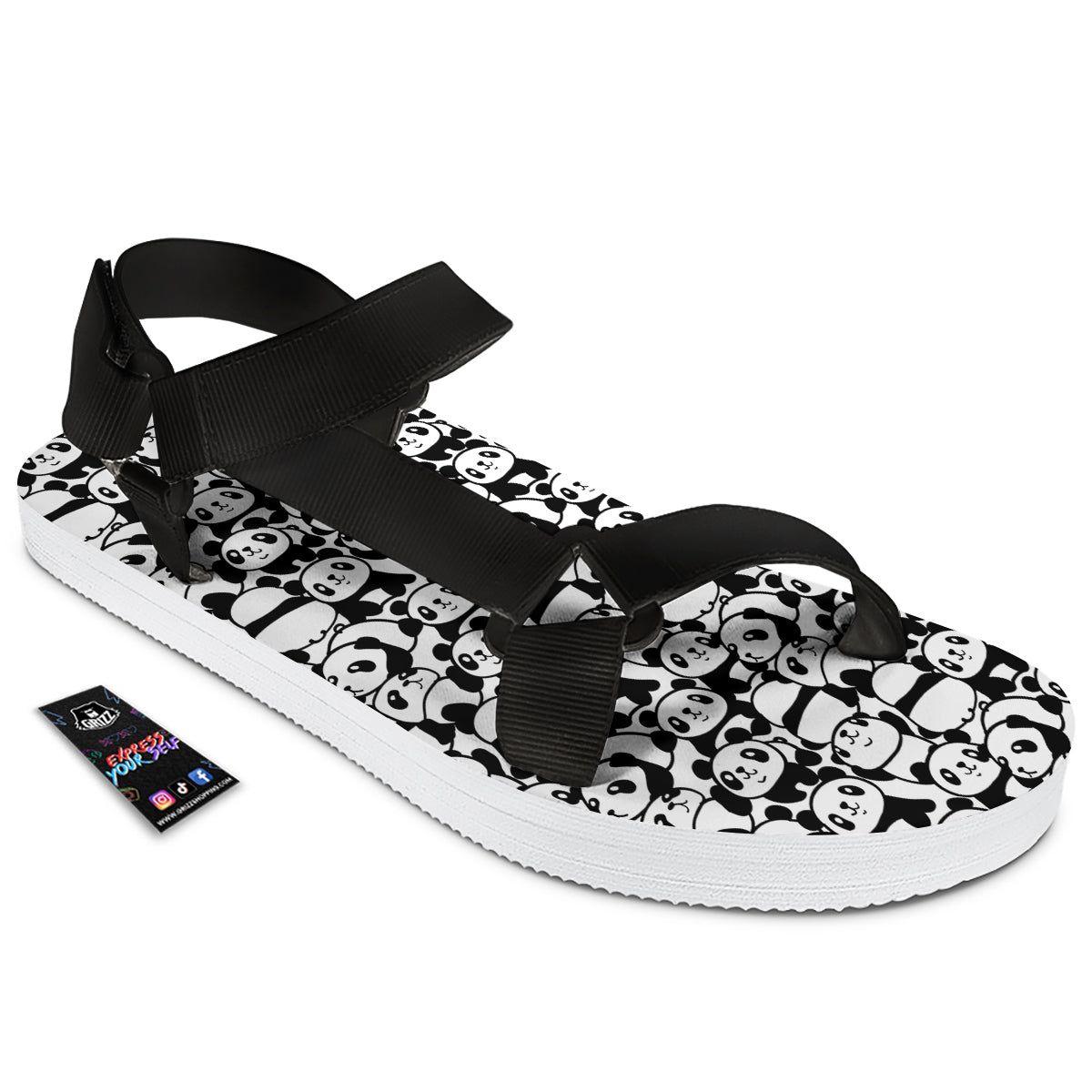 Baby Panda Cute Print Pattern Black Open Toe Sandals-grizzshop