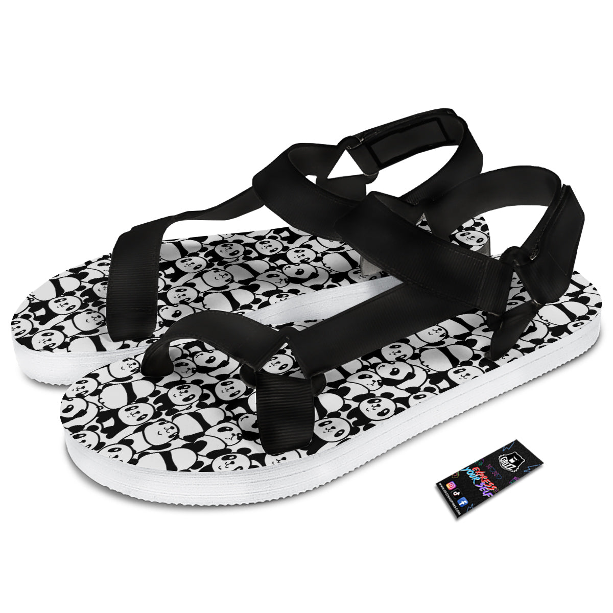 Baby Panda Cute Print Pattern Black Open Toe Sandals-grizzshop