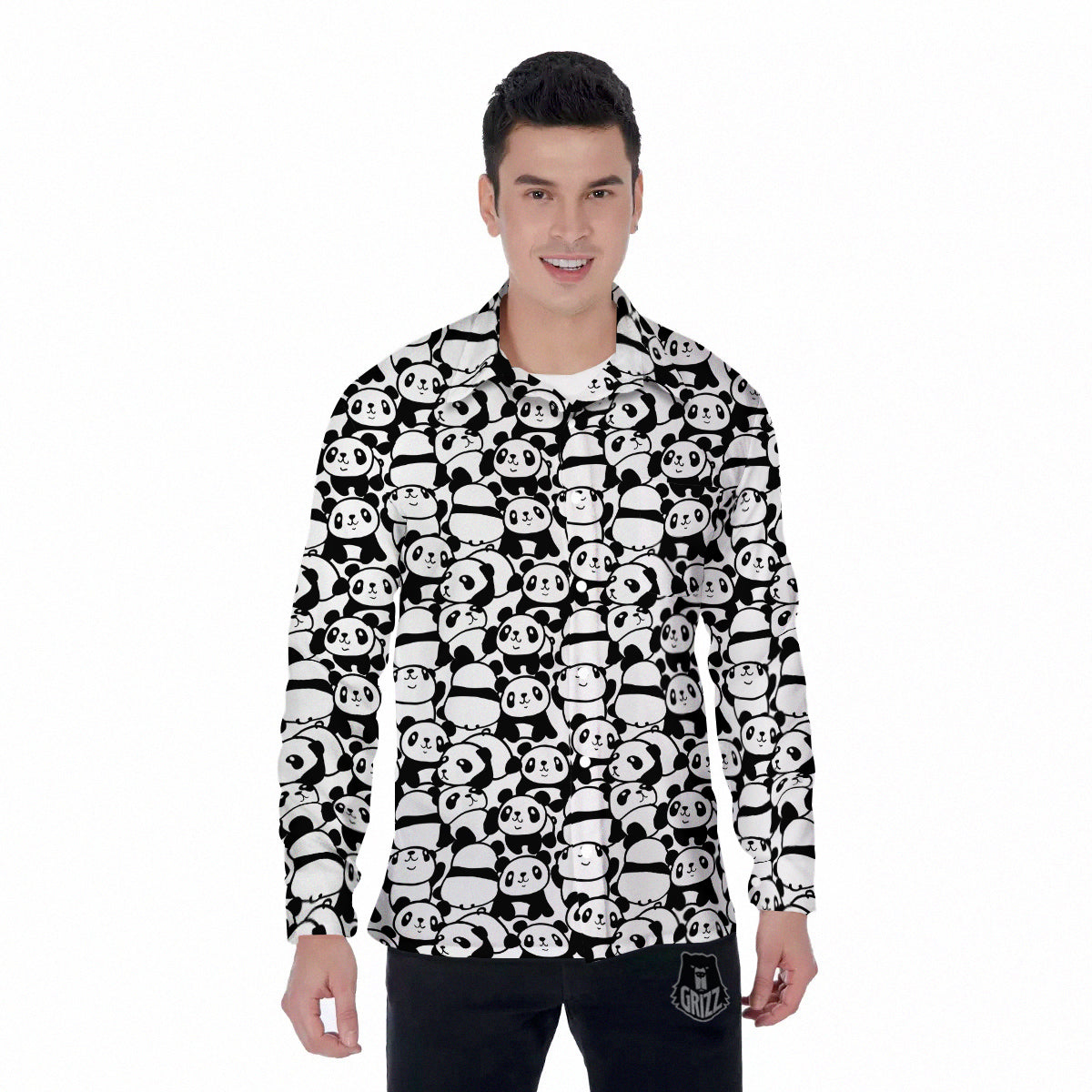 Baby Panda Cute Print Pattern Men's Long Sleeve Shirts-grizzshop