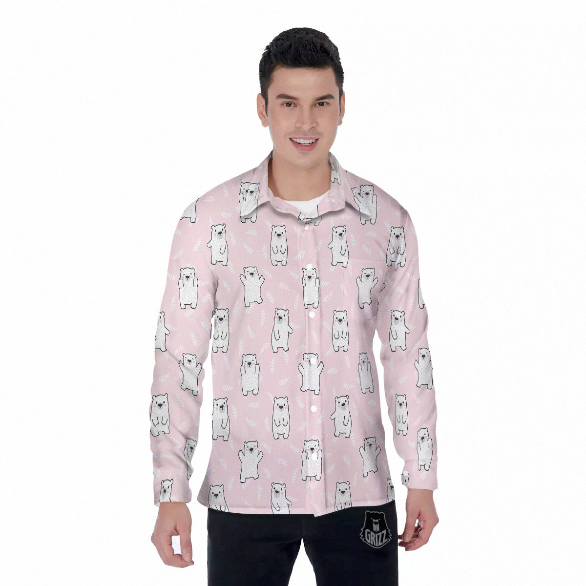 Baby Polar Bear White Print Pattern Men's Long Sleeve Shirts-grizzshop