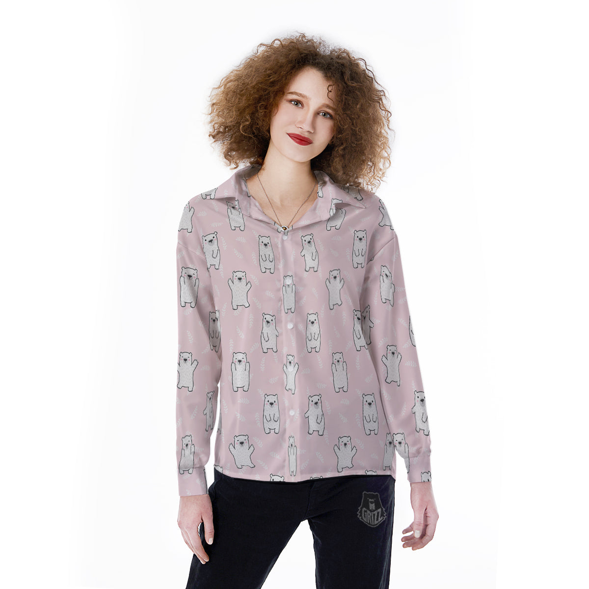 Baby Polar Bear White Print Pattern Women's Long Sleeve Shirts-grizzshop