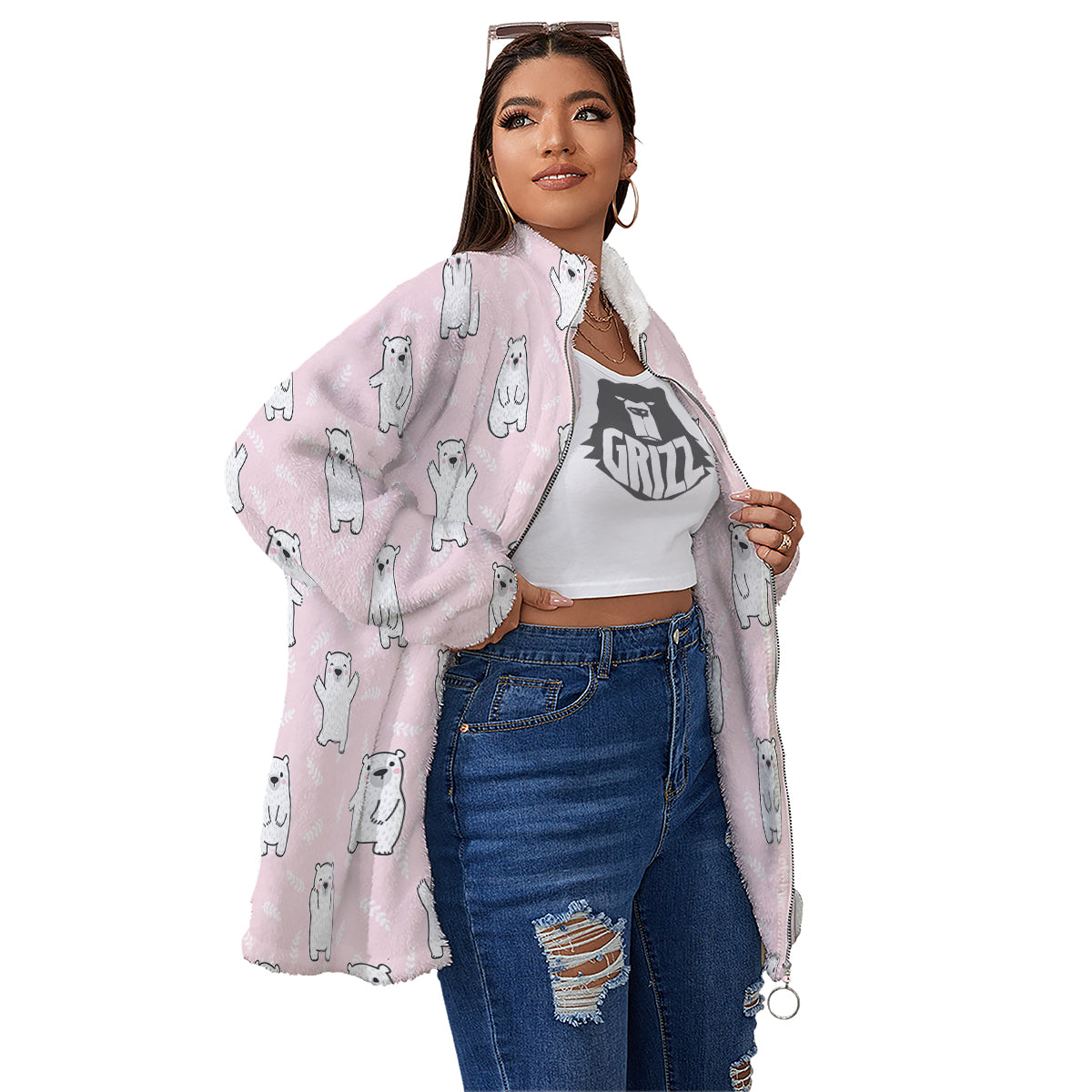 Baby Polar Bear White Print Pattern Women's Sherpa Jacket-grizzshop
