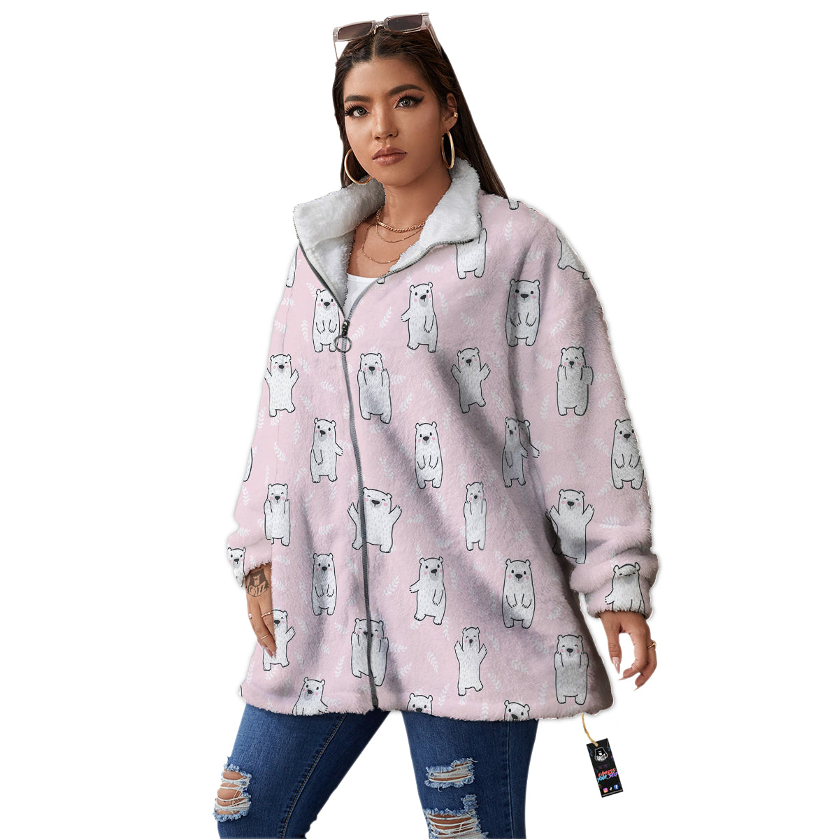 Baby Polar Bear White Print Pattern Women's Sherpa Jacket-grizzshop